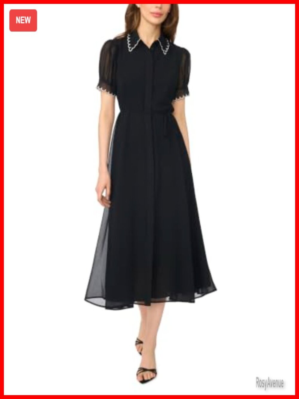 Contrast Stitch Scallop Midi Dress Short Sleeve Tie Waist Shift